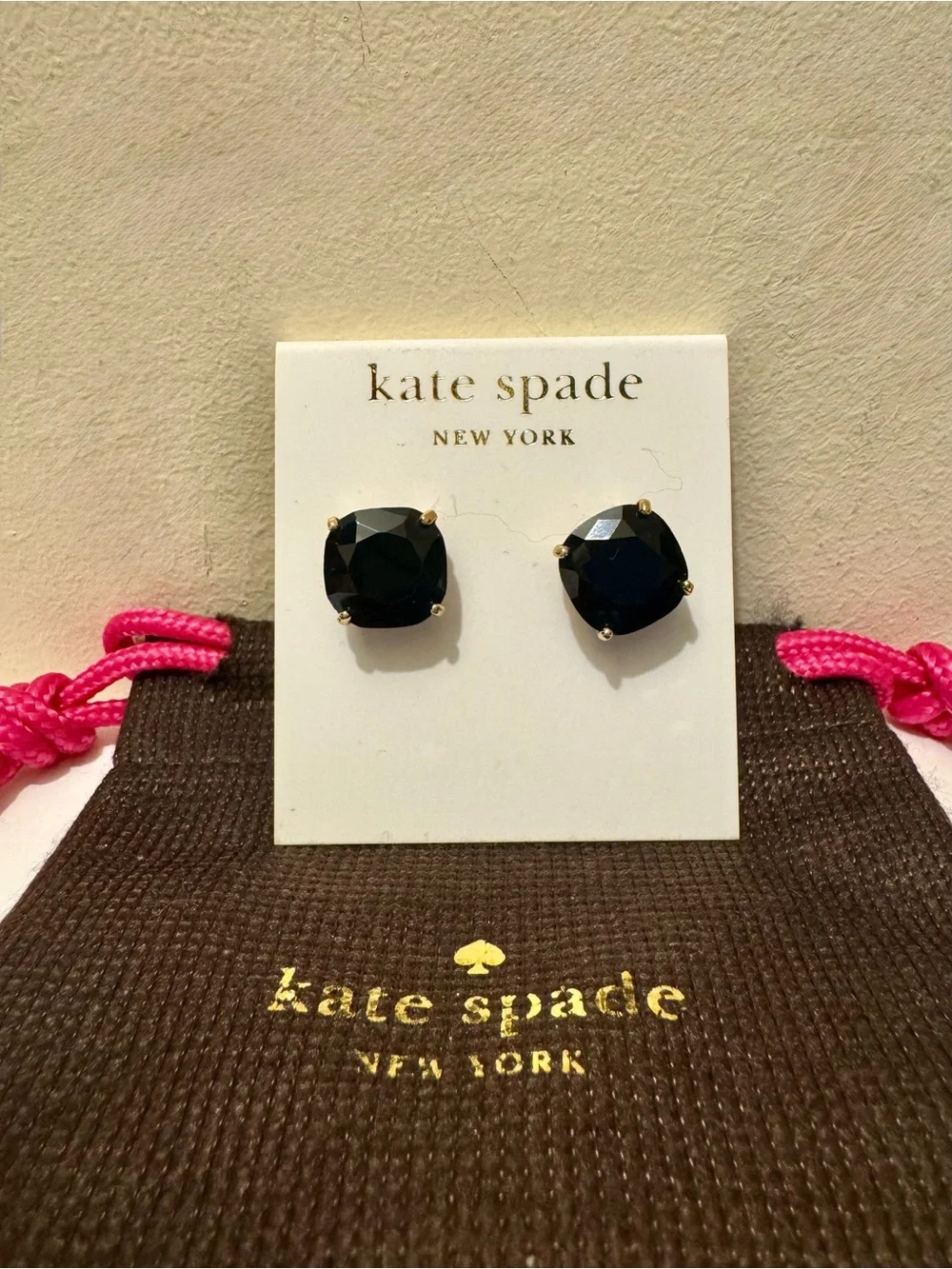 NWT Kate Spade Jet Black Small Square Stud Earrings & Gift Pouch